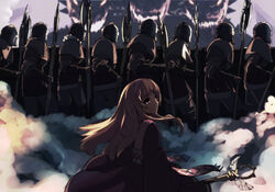  armor armored_dress axe bad_id bad_pixiv_id battle_axe brown_hair cleric_(tree_of_savior) dress female from_behind hairband helmet highres kabbalist_(tree_of_savior) long_hair looking_at_viewer looking_back monster multiple_boys photoshop_(medium) purple_eyes sosan staff tree_of_savior wand weapon 