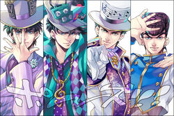  4boys black_hair commentary_request diamond_wa_kudakenai gloves hat higashikata_josuke jewelry jojo_no_kimyou_na_bouken jojo_pose jonathan_joestar jonathan_joestar&#039;s_pose_(jojo) joseph_joestar joseph_joestar_(young) kujo_jotaro multiple_boys necklace photoshop_(medium) pointing pompadour standing top_hat u-min white_gloves 