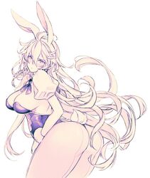  animal_ears areola_slip ass blush bracelet braid breasts cleavage commentary_request female granblue_fantasy jewelry juliet_sleeves koza_game long_hair long_sleeves looking_at_viewer looking_back monochrome pantyhose playboy_bunny protected_link puffy_sleeves rabbit_ears rabbit_tail ribbon silva_(granblue_fantasy) solo tail wavy_hair 