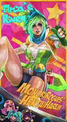  :&lt; absurdres ahri_(league_of_legends) animal_ears arcade_ahri arcade_miss_fortune arcade_riven arcade_sona artist_name belt_buckle bike_shorts breasts buckle character_name chibi chibi_inset cleavage commentary eyelashes female fox_ears green_hair headphones helmet highres league_of_legends lipstick makeup medium_breasts miss_fortune_(league_of_legends) monori_rogue official_alternate_costume parted_lips photoshop_(medium) purple_eyes riven_(league_of_legends) scarf short_hair shorts solo_focus sona_(league_of_legends) star_(symbol) 