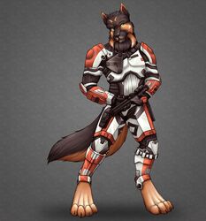  4_toes anthro armor barefoot blaster blaster_rifle canid canine canis claws clemikou digitigrade domestic_dog feet german_shepherd grey_background herding_dog hi_res magarnan mammal pastoral_dog paws republic_trooper simple_background solo star_wars toes weapon 