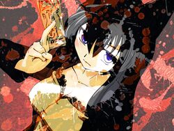  animal_ears black_hair commentary_request cr4781 female fox_ears kanaya_azami long_hair original paper purple_eyes stain ukagaka 