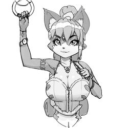  1:1 2017 absurd_res anthro bare_shoulders big_breasts black_nose breasts canid canine cleavage clothed clothing digital_media_(artwork) female fingerless_gloves fox fur gloves greyscale hair handwear hi_res jewelry krystal_(star_fox) looking_at_viewer mammal markings monochrome necklace nintendo oughta short_hair simple_background smile solo star_fox white_background white_body white_fur 