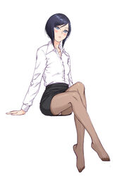  aizawa_akira arm_support bad_id bad_pixiv_id blue_eyes blue_hair commentary_request crotch_seam feet female highres invisible_chair kaburagi_yuki looking_at_viewer natsu_no_zenjitsu no_shoes panties panties_under_pantyhose pantyhose pantyshot pencil_skirt short_hair simple_background sitting skirt solo underwear white_background 