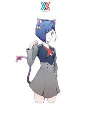  absurdres animal_ears bad_id bad_pixiv_id bell blue_hair blush bow breasts cat_ears cat_tail commentary_request cropped_legs darling_in_the_franxx fake_animal_ears female green_eyes hair_ornament hair_over_one_eye hairclip hand_in_pocket highres ichigo_(darling_in_the_franxx) looking_at_viewer paw_pose photoshop_(medium) q-pra ribbon short_hair solo tail tail_bow tail_ornament tail_ribbon uniform 