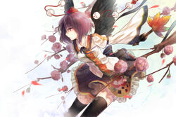  adapted_costume arm_strap bad_id bad_pixiv_id bird_wings black_hair black_ribbon black_thighhighs black_wings branch cherry_blossoms chinese_peony collared_shirt cowboy_shot embellished_costume expressionless female floral_print flower flower_request frilled_shirt_collar frills hand_fan hat hat_ribbon hauchiwa juliet_sleeves leaf_print long_sleeves looking_away neck_ribbon parted_lips peony_(flower) peony_print pink_flower pom_pom_(clothes) puffy_long_sleeves puffy_sleeves purple_hair red_eyes red_hat ribbon shameimaru_aya shirt short_hair skirt sleeve_garter solo sparkle thighhighs tokin_hat touhou twig umeko_(koori_ume) wide_sleeves wings zettai_ryouiki 