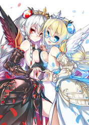  2girls 4-fingers_heart_hands armor black_wings blonde_hair blue-framed_eyewear blue_eyes blush breast_press breasts commentary_request dark_valkyrie_(p&amp;d) faulds glasses hair_ornament heart heart_hands heart_hands_duo heart_in_heart_hands hong_(white_spider) interlocked_fingers long_hair looking_at_viewer medium_breasts multiple_girls open_mouth photoshop_(medium) puzzle_&amp;_dragons red_eyes rimless_eyewear silver_hair smile symmetrical_docking tiara valkyrie_(p&amp;d) vambraces water_valkyrie_(p&amp;d) white_wings wings 