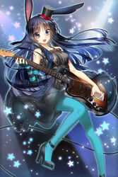  akiyama_mio animal_ears aqua_pantyhose black_eyes black_hair chinese_commentary commentary_request don&#039;t_say_&quot;lazy&quot; dress female fingerless_gloves gloves guitar hat high_heels instrument k-on! left-handed long_hair mini_hat mini_top_hat pantyhose photoshop_(medium) pumps rabbit_ears single_glove solo spinel_(9057) striped top_hat 