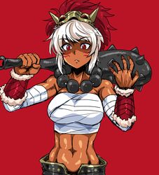  bandaged_arm bandages beads biceps club_(weapon) commentary_request dark-skinned_female dark_skin facepaint fang_out female fire_emblem fire_emblem_fates kanabou kitsune-tsuki_(getter) mask mask_on_head midriff navel oerba_yun_fang over_shoulder red_eyes red_hair rinkah_(fire_emblem) short_hair solo spiked_club toned weapon weapon_over_shoulder white_hair 