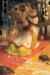  apron aruk basket blonde_hair bustier carpet chinese_zodiac commentary corset female floor floral_print full_body fur-trimmed_sleeves fur_trim green_eyes green_skirt hair_ribbon happy_new_year holding holding_string horns kneeling new_year original ribbon sheep_girl sheep_horns shelf shirt skirt smile solo spinning_wheel string traditional_clothes tress_ribbon underbust waist_apron white_shirt wooden_floor wool yarn yarn_ball year_of_the_goat 