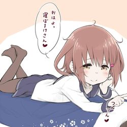  black_pantyhose brown_eyes brown_hair commentary crossed_legs female hair_ornament hairclip ikazuchi_(kancolle) kantai_collection looking_at_viewer lying myonde on_stomach pantyhose sailor_collar school_uniform serafuku short_hair skirt smile the_pose translated 