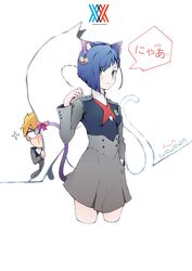  1boy absurdres animal_ears bad_id bad_pixiv_id bell blue_hair blush bow breasts cat_ears cat_tail commentary cropped_legs darling_in_the_franxx fake_animal_ears feline female gorou_(darling_in_the_franxx) green_eyes hair_ornament hair_over_one_eye hairclip hand_in_pocket highres ichigo_(darling_in_the_franxx) looking_at_viewer paw_pose photoshop_(medium) q-pra ribbon short_hair tail tail_bow tail_ornament tail_ribbon uniform 