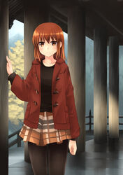  akatsuki_miho akemiho_tabi_nikki bad_id bad_pixiv_id black_pantyhose blush brown_eyes coat female gendai_ninjakko_zukan kouno_hikaru looking_at_viewer orange_hair pantyhose short_hair skirt solo 