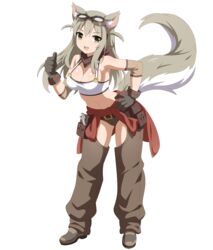  adjustable_wrench animal_ears bare_shoulders blush boots breasts chaps cleavage clothes_around_waist commentary_request cowboy_boots elbow_pads female fox_ears fox_tail full_body gloves goggles goggles_on_head grey_hair hair_flaps halterneck hand_on_own_hip large_breasts leaning_forward lily_the_mechanic long_hair looking_at_viewer lost_pause mechanic midriff navel open_mouth scarf smile solo tail thumbs_up tool_belt transparent_background wanaca wrench yellow_eyes 