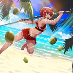  barefoot beach coconut female fire_emblem fire_emblem_if highres hinoka_(fire_emblem_if) ocean official_art palm_tree red_hair sand short_hair solo sports_bra staff sunlight swim_trunks toned 