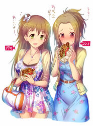  2girls bag belt blush breasts brown_hair cleavage commentary_request cropped_legs dress eating floral_print food high_ponytail idolmaster idolmaster_cinderella_girls jewelry kara_(color) large_breasts long_hair makihara_shiho manabe_itsuki multiple_girls necklace pita_(food) shawarma side_ponytail simple_background white_background 