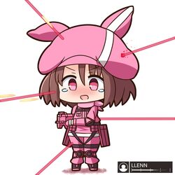  :d animal_ears animal_hat black_footwear blush boots brown_hair bullet_line bullpup character_name chibi commentary_request female full_body gameplay_mechanics gloves gun hair_between_eyes hana_kazari hat health_bar holding holding_gun holding_weapon jacket llenn_(sao) long_sleeves nose_blush open_mouth p-chan_(p90) p90 pants pink_gloves pink_hat pink_jacket pink_pants purple_eyes rabbit_ears rabbit_hat smile solo standing submachine_gun sword_art_online sword_art_online_alternative:_gun_gale_online tears weapon white_background 