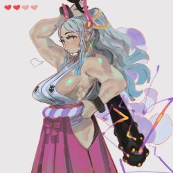  adjusting_belt aqua_hair arm_up blue_hair breasts brown_eyes closed_mouth club_(weapon) colored_tips demon_horns dot_mouth earrings electricity expressionless eyeshadow feet_out_of_frame female full_body gold_earrings gradient_hair hair_ornament hair_stick hakama hakama_pants haki hand_on_own_hip health_bar heart highres hip_vent hoop_earrings horns japanese_clothes jewelry kanabou keziedra kimono large_breasts long_hair looking_at_viewer low-cut_armhole makeup multicolored_hair muscular muscular_female one_piece outline pants ponytail puff_of_air purple_eyeshadow red_hakama red_horns red_outline red_pants rope shimenawa sideboob sleeveless sleeveless_kimono solo spiked_club two-tone_hair weapon white_hair yamato_(one_piece) 
