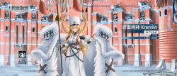  absurdres anti-aircraft_gun azur_lane black_boots blonde_hair blue_eyes boots breasts capelet chinese_text clock clock_tower coat coat_dress dress female frozen fur_capelet fur_coat hair_between_eyes highres hip_vent ice kremlin kremlin_(world_of_warships) large_breasts location_request long_hair northern_parliament_(emblem) original personification red_star sheath sheathed ship_turret sideboob sideboob_cutout simplified_chinese_text sn_h2o2 solo star_(symbol) straight-on sword sword_on_back tower weapon weapon_on_back white_coat white_dress world_of_warships 