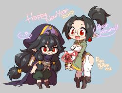  1other 2girls agawa_ryou artist_name black_hair boots breasts cleavage elf english_text happy highres hip_vent kinoko_elf_(agawa_ryou) large_breasts long_hair multiple_girls mushroom open_mouth original panties pointy_ears ponytail red_eyes siblings sisters smile speech_bubble thick_thighs thighs underwear wide_hips 