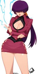  absurdres breasts cleavage_cutout clothing_cutout cropped_jacket crossed_arms dark_persona earrings electricity electrokinesis facing_viewer feet_out_of_frame female fingernails full_body gold_earrings hair_over_eyes highres hip_vent jacket jewelry l4wless large_breasts lipstick long_fingernails long_sleeves makeup miniskirt nail_polish orochi_shermie pencil_skirt purple_hair red_jacket red_lips red_skirt sharp_fingernails shermie_(kof) skirt solo sphere_earrings split_ponytail standing the_king_of_fighters white_nails 