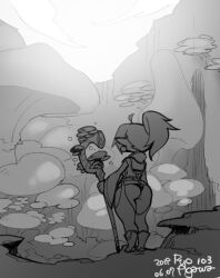  agawa_ryou ass ass_focus black_panties boots chibi earrings elf female from_behind hip_vent holding holding_staff jewelry kinoko_elf_(agawa_ryou) mushroom original panties pointy_ears ponytail staff thick_thighs thighs underwear wide_hips 
