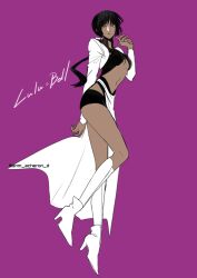  black_hair black_leotard boots breasts cape cleavage clothing_cutout cropped_jacket d.gray-man dark-skinned_female dark_skin english_text female floating_hair high_heel_boots high_heels highres hip_vent jacket knee_boots legs leotard long_hair looking_at_viewer low_ponytail lulu_bell mature_female midriff navel noah_(d.gray-man) ponytail purple_background seto_satoru sidelocks signature simple_background small_breasts solo stomach_cutout thighs twitter_username waist_cape white_boots white_cape white_jacket yellow_eyes 