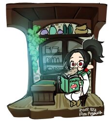  agawa_ryou black_hair book bread chibi chibi_only eating elf female food hip_vent kinoko_elf_(agawa_ryou) loaf_of_bread mushroom original pointy_ears ponytail red_eyes sitting thick_thighs thighs wide_hips 