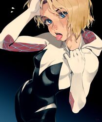  1girls blue_eyes cute eyebrow_piercing female female_only freckles fully_clothed gwen_stacy gwen_stacy_(spider-verse) looking_at_viewer marvel marvel_comics optionaltypo pierced_tongue piercing softcore solo spider-gwen spider-man_(series) tongue_out 