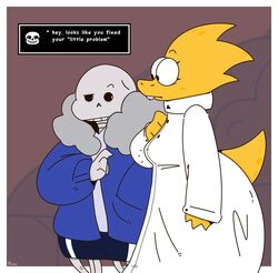  1boy1girl 2d 2d_(artwork) 2d_artwork 4_fingers alphys anthro anthro_only coat color couch dialogue dinosaur english english_dialogue english_text flowerpax hoodie paxxfront pointing sans scientist shorts skeleton small_breasts tagme tail text undertale undertale_(series) watermark yellow_body 