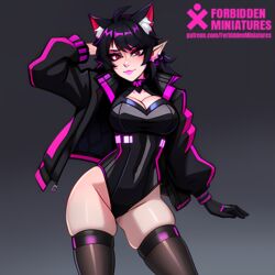  1girls ai_generated black_hair breasts cat_ears catgirl cleavage concept concept_art cyberpunk cyberpunk_2077 ear_piercing female figure figurine forbiddenminiatures futuristic gloves jacket leotard looking_at_viewer miniature pointy_ears self_upload solo thick_thighs thighhighs thighs 