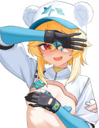  absurdres animal_ears baseball_cap black_gloves blonde_hair breasts covered_nipples covering_breasts covering_one_eye covering_privates fake_animal_ears female girls'_frontline girls'_frontline_2:_exilium gloves hat highres long_hair looking_at_viewer nagant_(girls'_frontline_2) nagant_(summer_pitcher)_(girls'_frontline_2) nagant_revolver_(girls'_frontline) open_mouth pasties red_eyes ribs shenqi_xiaohuang shrug_(clothing) small_breasts solo upper_body white_background white_shrug 