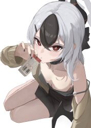  absurdres black_choker black_dress black_horns black_nails black_wings blue_archive blush breasts breasts_apart brown_jacket choker collarbone commentary demon_horns dress drink drink_carton female grey_hair hair_between_eyes hair_ornament hairclip halo highres holding holding_drink horns jacket karpe36 kayoko_(blue_archive) kayoko_(dress)_(blue_archive) long_hair long_sleeves looking_at_viewer multicolored_hair official_alternate_costume official_alternate_hairstyle red_eyes sidelocks simple_background single_wing sitting small_breasts solo two-tone_hair upper_body white_background wings yokozuwari 