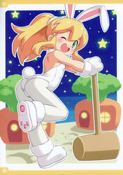  1girls android android_girl ass bare_back bare_shoulders blonde_hair blush bunny_ears bunny_outfit bunny_tail capcom female flat_chest green_eyes hammer long_hair looking_at_viewer mega_man mega_man(classic) official_art one_eye_closed playboy_bunny ponytail presenting robot robot_girl robot_humanoid roll sidelocks smile solo standing tagme wink 