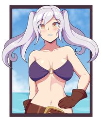  1girls alternate_costume bare_midriff belt bikini breasts clenched_teeth female female_only fire_emblem fire_emblem_awakening fire_emblem_heroes large_breasts medium_hair midriff mrpenguin nintendo o-ring o-ring_bikini ocean official_alternate_costume orange_eyes outdoors purple_bikini purple_swimsuit remake robin_(fire_emblem) robin_(fire_emblem)_(female) solo swimsuit twintails underboob upper_body 