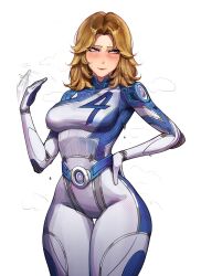  absurdres averting_eyes blonde_hair blue_bodysuit blue_eyes bodysuit breasts closed_mouth fanning_face fanning_self fantastic_four female hand_on_own_hip highres hot jotmanlol large_breasts marvel marvel_rivals medium_hair simple_background solo sue_storm superhero_costume sweat two-tone_bodysuit white_bodysuit 