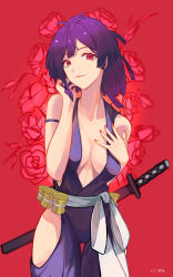  absurdres breasts center_opening female floral_background flower hand_on_own_chest highres hip_vent japanese_clothes jigokuraku katana kimono li_kha looking_at_viewer medium_breasts ninja no_bra off_shoulder ponytail purple_hair purple_kimono red_background red_eyes red_flower red_rose rose sash solo sword thigh_gap weapon white_sash yuzuriha_(jigokuraku) 