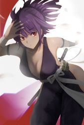  center_opening female hand_on_own_head highres hip_vent japanese_clothes jigokuraku katana kimono light_blush looking_at_viewer michikusaboushi_(p_o_q) ninja ponytail purple_hair purple_kimono red_eyes sash sideless_kimono solo sword weapon white_sash yuzuriha_(jigokuraku) 