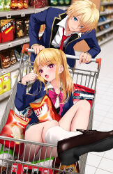  1boy absurdres bad_id bad_pixiv_id black_jacket blonde_hair blue_eyes blue_hair brother_and_sister brown_footwear cameltoe chips_(food) colored_tips commentary cropped doritos eating female food food_packaging gibun_(sozoshu) gradient_hair hashtag-only_commentary highres hoshino_aquamarine hoshino_ruby in_shopping_cart jacket lay&#039;s_(potato_chips) long_hair m&amp;m&#039;s multicolored_hair necktie open_mouth oshi_no_ko panties pink_eyes pink_hair potato_chips pringles pringles_can red_necktie red_ribbon revision ribbon school_uniform shirt shoes shopping_cart short_hair siblings smile supermarket thighs twinkies twins underwear upskirt white_panties white_shirt 