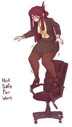  brown_hair chair glasses high_heels humor joke meme name_tag no_sex nsfw pantyhose sfw shivering simple_background standing sweat tagme watch white_background work_uniform 