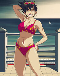  1girls asian asian_female beach bikini black_hair blue_eyes cleavage earrings female female_only fully_clothed hoop_earrings jubilation_lee jubilee large_breasts lipstick looking_at_viewer makeup marvel marvel_comics pink_lipstick posing sailboat seaside short_hair solo sunglasses sunglasses_on_head swimsuit triplexmile x-men 