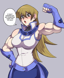  alexis_rhodes athletic_female blonde_hair brown_eyes flexing flexing_arms flexing_bicep large_breasts loquillo muscular muscular_female sleeveless sleeveless_shirt tagme tenjouin_asuka yu-gi-oh! yu-gi-oh!_gx 