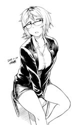  bare_legs between_legs blazer button_gap collarbone collared_shirt commentary dagashi_kashi dated female glasses greyscale hand_between_legs jacket leaning_forward looking_over_eyewear looking_to_the_side messy_hair monochrome open_mouth over-rim_eyewear owari_hajime semi-rimless_eyewear shirt short_hair signature sitting skirt solo stool tsukudani_(coke-buta) white_background 