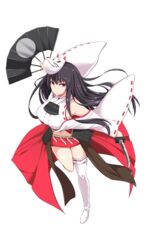  bare_shoulders black_hair boots breasts detached_sleeves female fox_mask full_body hand_fan holding holding_fan holding_weapon japanese_clothes kichihachi kubota_(oshiro_project) large_breasts long_hair looking_at_viewer mask midriff nontraditional_miko official_art oshiro_project:re pink_skirt pleated_skirt purple_eyes short_sword skirt solo sword thigh_boots thighhighs transparent_background weapon 