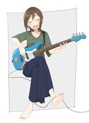  barefoot bass_guitar brown_hair cable closed_eyes collarbone commentary_request female fender_jazz_bass full_body glasses instrument long_skirt open_mouth seto_ferb short_hair skirt smile solo tokyo_7th_sisters w3b_(saviorw3b) white_background 