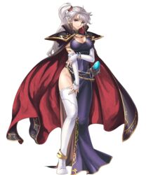  amiba_(nerdamiba) anklet armlet blue_eyes boots bracelet breasts cape cleavage cleavage_cutout clothing_cutout commentary_request dress earrings elbow_gloves female fire_emblem fire_emblem:_genealogy_of_the_holy_war fire_emblem_heroes full_body gem gloves groin highres holding_own_arm ishtar_(fire_emblem) jewelry large_breasts long_hair ring side_ponytail side_slit sidelocks solo thigh_boots thighhighs thighs transparent_background white_hair 