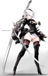  2b_(nier:automata) ass_visible_through_thighs black_footwear black_gloves black_leotard black_thighhighs blue_eyes boots breasts cleavage commentary_request copyright_name female full_body gloves gradient_background groin high_heel_boots high_heels highres holding holding_sword holding_weapon karukan_(monjya) katana legs legs_apart leotard medium_breasts nier:automata nier_(series) no_blindfold puffy_sleeves short_hair solo standing sword thighhighs thighs virtuous_contract virtuous_treaty weapon white_hair 