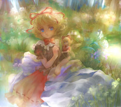  bellflower blonde_hair blue_eyes bow bowtie commentary curly_hair dress female flower hair_ribbon hand_up highres holding holding_flower jyuui medicine_melancholy parted_lips puffy_short_sleeves puffy_sleeves red_bow red_bowtie red_ribbon red_skirt revision ribbon scenery short_hair short_sleeves sitting_on_arm skirt solo su-san touhou white_flower 