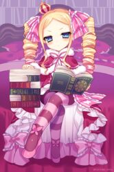  bad_id bad_pixiv_id beatrice_(re:zero) blonde_hair blue_eyes book book_stack butterfly-shaped_pupils capelet commentary_request crown dress drill_hair female frills fur_trim grimoire highres jitome long_hair looking_at_viewer mini_crown open_book pantyhose re:zero_kara_hajimeru_isekai_seikatsu sidelocks solo striped_clothes striped_pantyhose symbol-shaped_pupils tsukikage_nemu twin_drills 