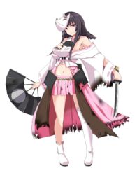  bare_shoulders black_hair boots breasts detached_sleeves female fox_mask full_body hand_fan holding holding_fan holding_weapon japanese_clothes kichihachi kubota_(oshiro_project) large_breasts long_hair looking_at_viewer mask midriff navel nontraditional_miko official_art oshiro_project:re pink_skirt pleated_skirt purple_eyes short_sword skirt solo sword thigh_boots thighhighs torn_boots torn_clothes transparent_background weapon 